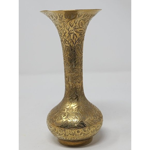 Vintage Hand Etched Floral Brass Bud Vase RR Made In‎ India 5332 PE - Picture 1 of 7